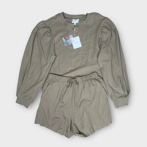 By The River Sweatshirt and Shorts Set Womens S Taupe NEW Puff Sleeve Lounge Set